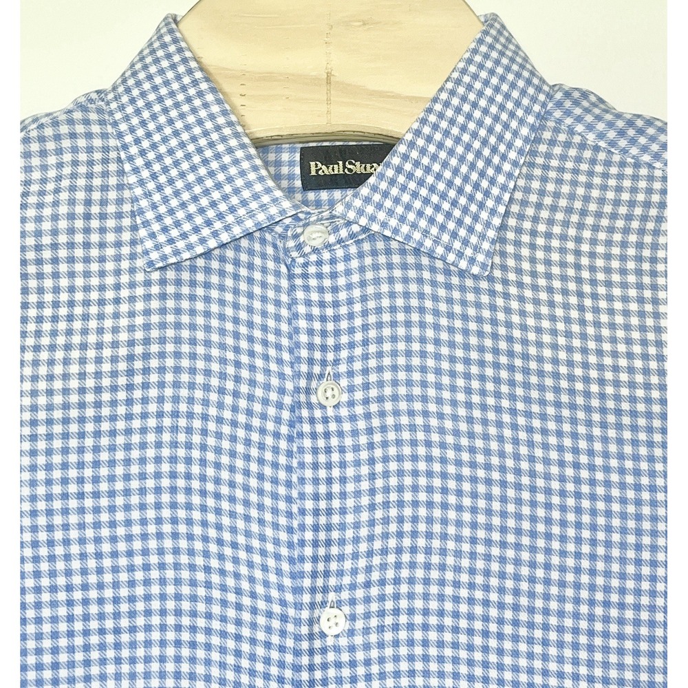 Paul Stuart Dress Shirt Men's 16 Blue Gingham Print Slim Fit Quiet Luxury Office